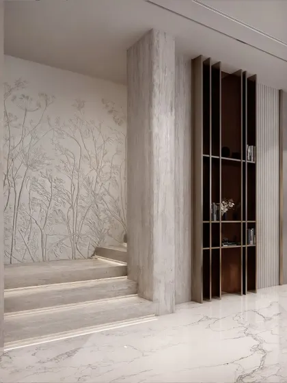 A staircase landing featuring a bas-relief wall art of delicate branches. The render highlights the texture of the art and the soft glow of the integrated step lighting.