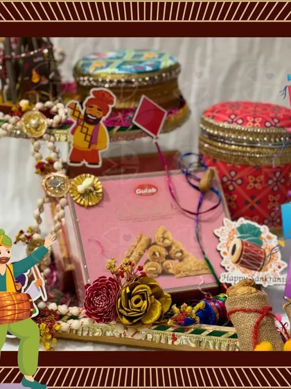 A festive Lohri hamper with traditional decorative boxes and sweets, enhanced with animated stickers to bring out the celebratory mood.