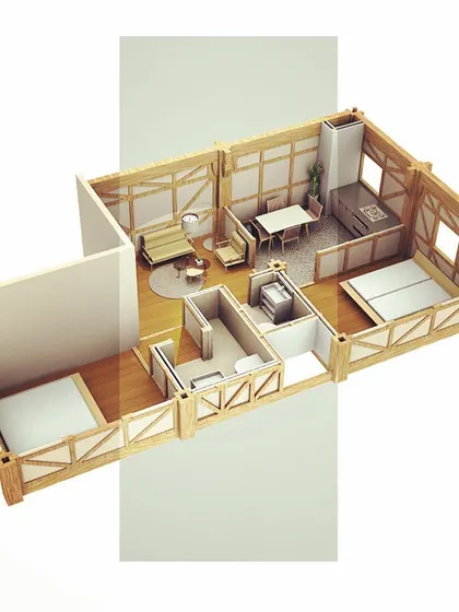 A 3D render of a two-bedroom apartment within a tall timber tower. This visualization shows what living in a modern, sustainable timber building could look like, with exposed wooden frames adding warmth and character.