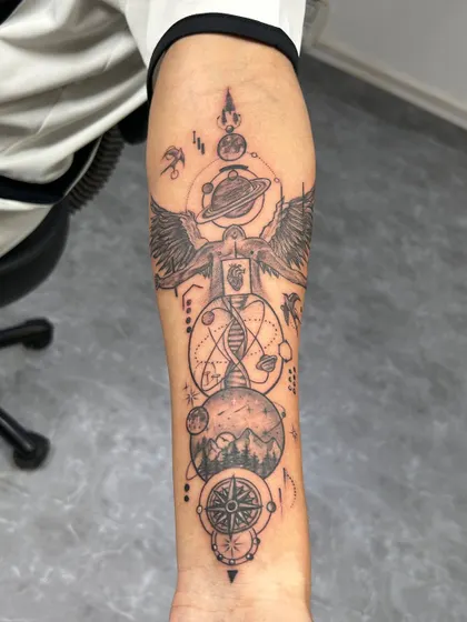 A full view of the custom cosmic sleeve, a truly one-of-a-kind piece that tells a complex and beautiful story.