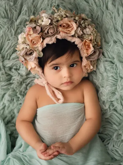 A beautiful portrait of a baby wearing an elaborate floral bonnet, lying on a soft mint-colored blanket.