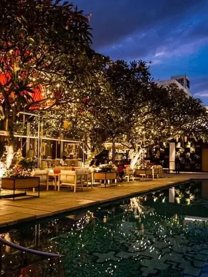 The calm before the storm. The beautiful poolside setup at Taj MG Road, all set for the NYE 2023 crowd to arrive.