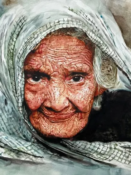 Painted in 2016, this piece is a tribute to a face full of life. The way her head is wrapped in the cloth, framing her smile, allowed me to explore the interplay between fabric textures and skin.