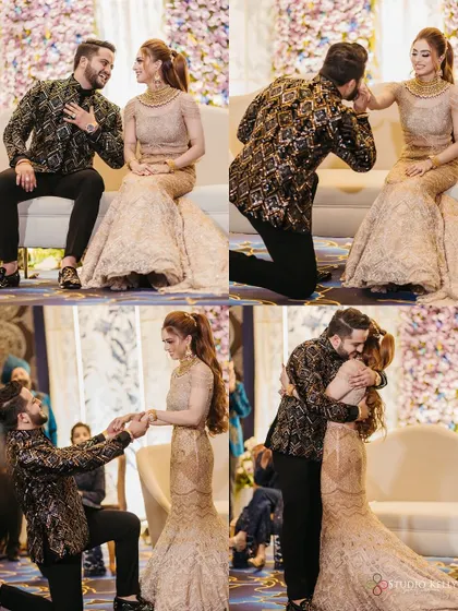A collage capturing the emotional proposal and ring exchange during the engagement ceremony.
