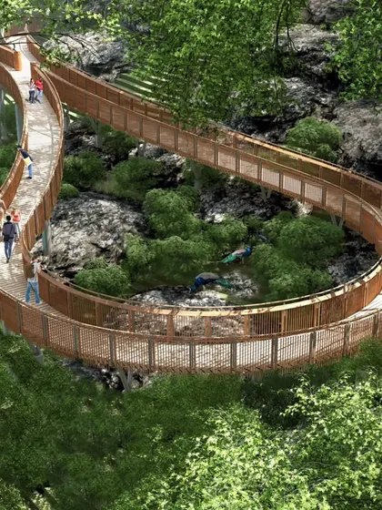 An aerial render of a key section of the Malabar Hill walkway, showing how it curves around natural rock formations and vegetation. The design carefully navigates the existing terrain to preserve the forest while creating accessible viewpoints for visitors.