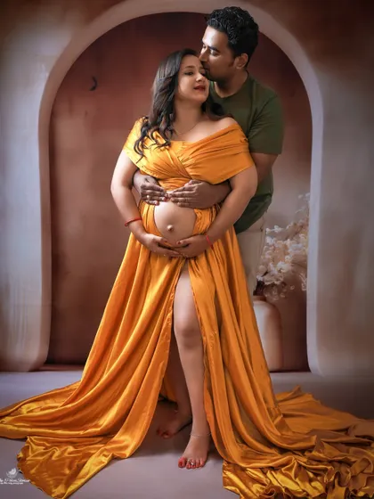 A warm and loving couple's portrait. The father-to-be kisses his partner's head as they both cradle the baby bump, dressed in a beautiful golden-yellow satin gown.