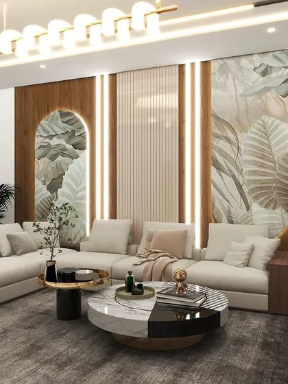 A 3D design for a living room with a nature-inspired theme. The wall panels feature botanical prints, and the color palette is earthy and calming, complemented by a stylish indoor swing.