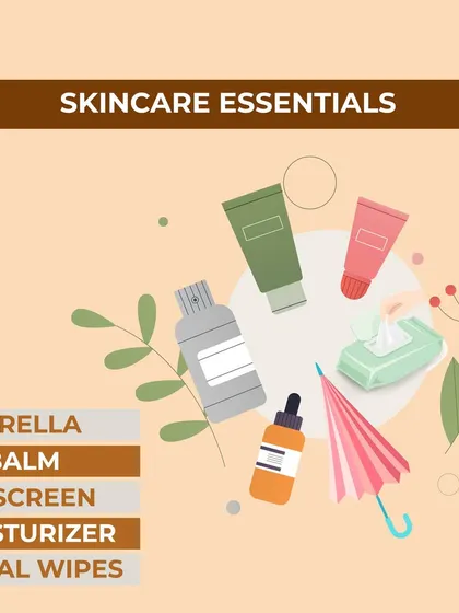 A graphic outlining skincare essentials for your bag, especially during the monsoon. Key items include sunscreen, moisturizer, lip balm, and facial wipes to stay fresh on the go.