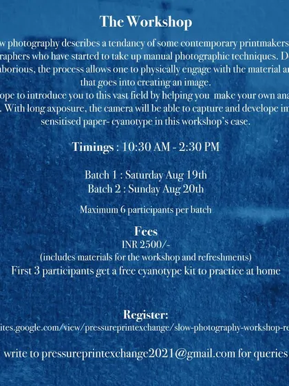 Details for our Slow Photography workshop, where you can make your own camera and learn to create cyanotype images. The first three participants even get a free cyanotype kit to practice at home.