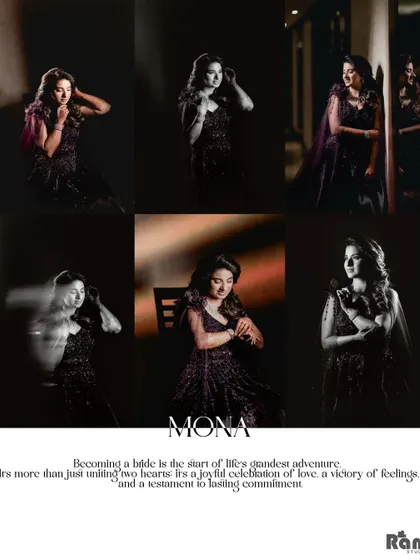 A collage dedicated to the bride, "Mona," featuring a collection of artistic and moody portraits that highlight her beauty and elegance on her engagement night.