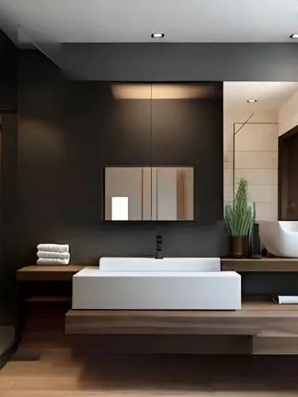A spa-like bathroom design combining dark walls with warm wood elements. The floating vanity with two vessel sinks and a large window creates a serene and natural atmosphere.