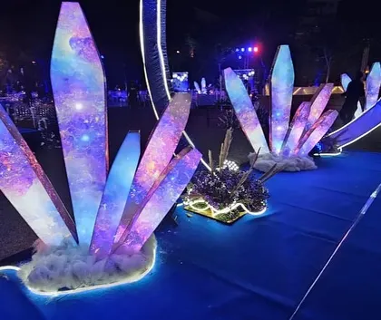 A close-up of the galaxy-themed crystal installations. These custom-made props were a key feature of the celestial decor, adding a magical and otherworldly feel to the entire setup.