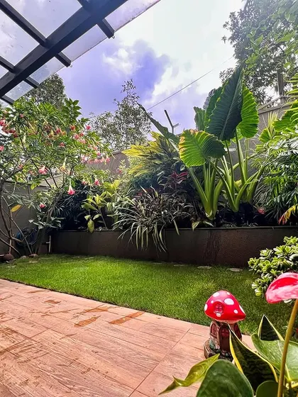 The final look of this beautiful garden, complete with a clear polycarbonate roof that allows for plenty of light. The red anthuriums and whimsical mushroom statue add a pop of color and fun.
