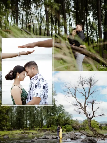 A collage showing the variety of an outdoor shoot. We moved from a forest setting to a rocky riverbed and a beach, capturing different moods and moments all in one day.