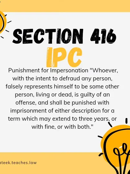 A duplicate of the slide detailing Section 416 of the IPC, ensuring users see the precise legal statute governing the crime of impersonation.