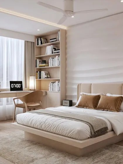 Another view of the Japandi-style bedroom render, showing the integrated desk and bookshelf, perfect for a peaceful retreat.