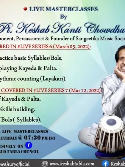 My live masterclasses are designed for tabla aspirants of all levels. This gives you an idea of the topics we cover, from foundational elements like basic bols and kayeda to the intricate rhythmic calculations of layakari.