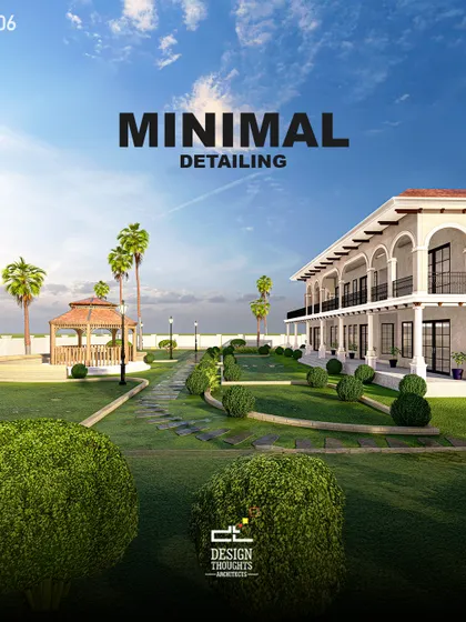 The landscape design for the Spanish villa includes manicured lawns, a gazebo, and pathways with minimal detailing. The design creates a serene getaway surrounded by lush farmlands.