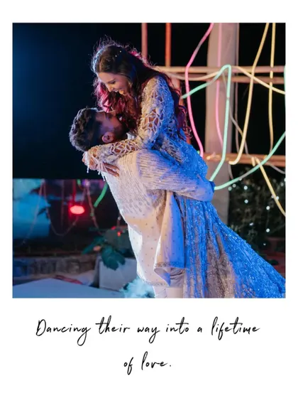 "Dancing their way into a lifetime of love." A dynamic shot of the groom lifting the bride in a dance, full of energy and romance.