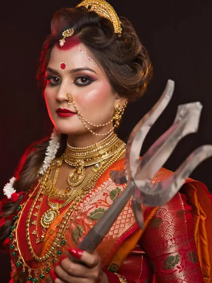 Holding a trishul, this look for Maa Chandraghanta is both fierce and beautiful. The makeup emphasizes the eyes, creating a powerful and commanding presence.
