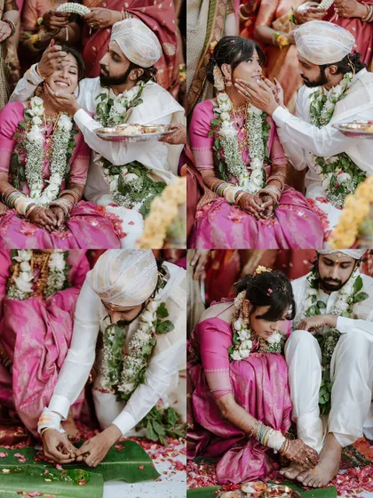 A four-panel grid showing various playful and solemn rituals from a South Indian wedding ceremony.