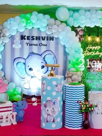 A sweet baby elephant theme with a blue and silver color scheme.
