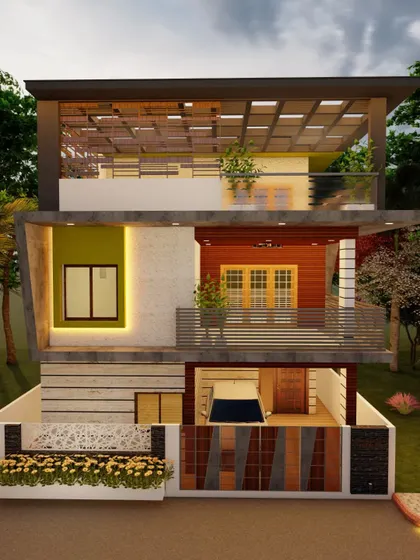 A frontal view of a home design featuring a prominent green accent wall and a slatted wood gate.