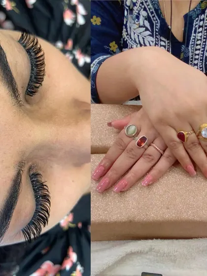 A happy client showing off her new hybrid eyelash extensions and a fresh set of glitter nail extensions. I love providing a complete pampering experience from lashes to nails.