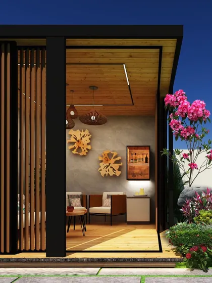 A 3D render of a modern, enclosed gazebo concept. This visualization details the interior furnishing, lighting, and how it sits within the surrounding garden.