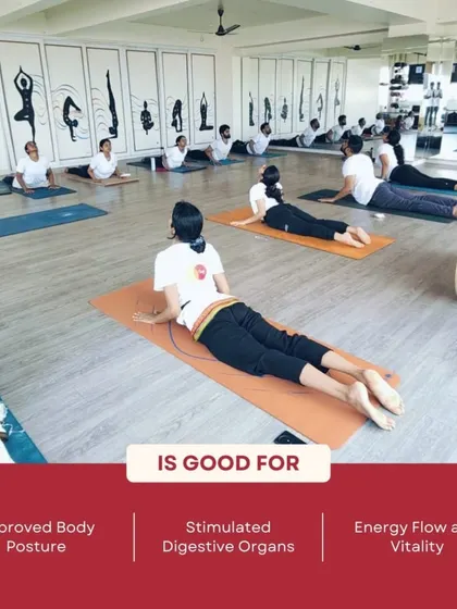 Our TTC students practice Bhujangasana (Cobra Pose) in unison. This infographic highlights its benefits for posture, digestion, and vitality.