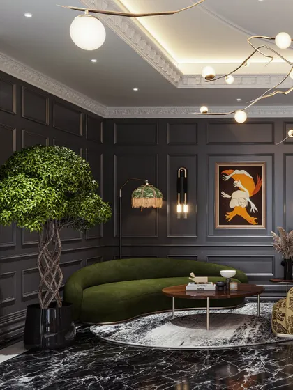 This corner vignette shows a curved olive green sofa against dark paneled walls. The lighting render focuses on creating a moody, sophisticated atmosphere with multiple light sources.