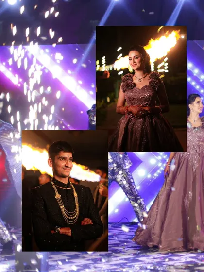 Another perspective on the Sangeet night, this collage includes the dramatic flair of fire performers. It highlights my ability to capture fast-moving action and ambient light in a dynamic event setting.