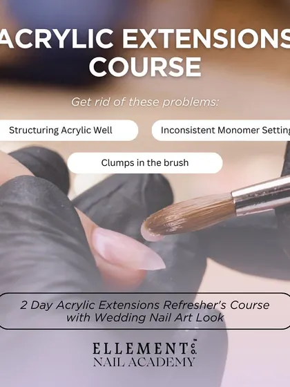 Dive into the world of nail artistry with our 2-day Acrylic Extensions Refresher's Course, where you'll also learn a beautiful wedding nail art look.