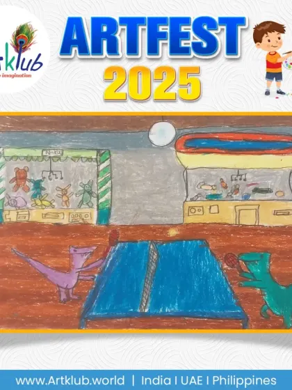 Dinosaurs playing table tennis in an arcade, a fun and creative concept from our junior division.