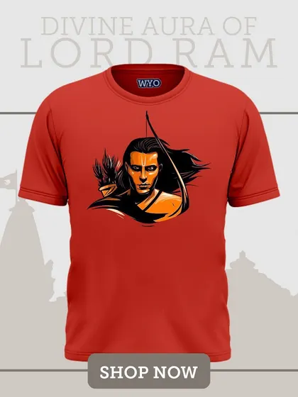 A sharp, intense graphic of Lord Ram on a bright red t-shirt, designed for a comfortable straight fit.