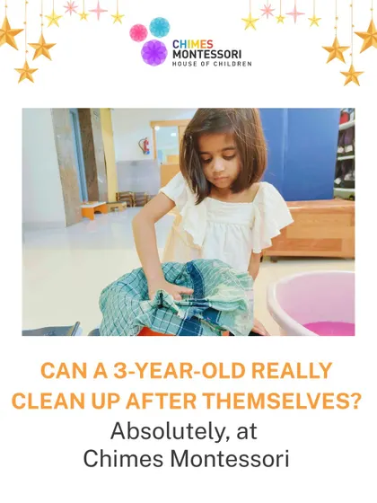 Can a 3-year-old really clean up after themselves? Absolutely. Here, a child wrings out a cloth, taking pride in her ability to care for her environment.
