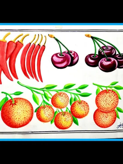 The finished still life painting of fruits and vegetables, a bright and cheerful piece perfect for a kitchen or restaurant.