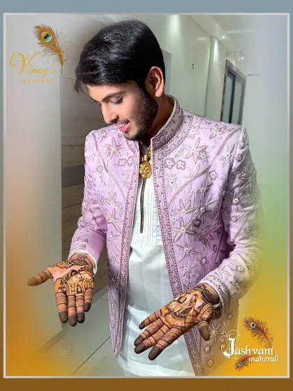 Photos of our happy grooms proudly showing off their personalized portrait mehndi.