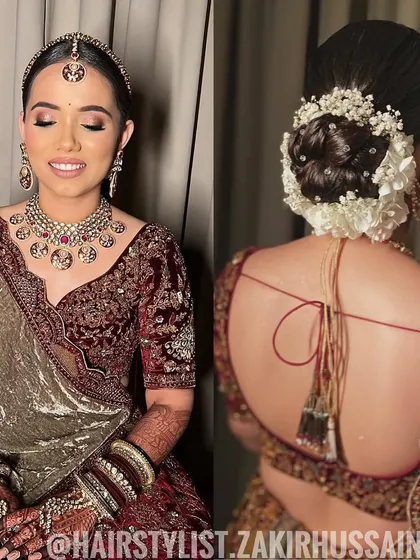 Another collage of the same bride, highlighting the beautiful combination of her makeup, jewelry, and sleek floral bun.