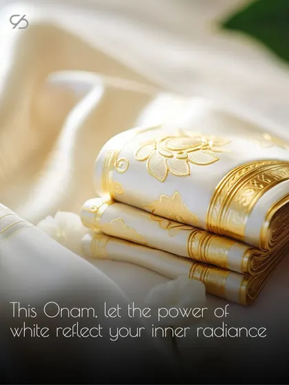 This Onam, let the power of white reflect your inner radiance. This image showcases a classic white and gold saree, the embodiment of our culture.