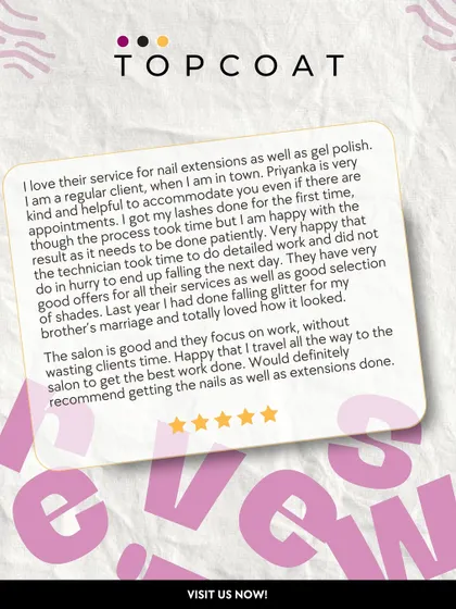 Client love like this keeps us going. This detailed review highlights our accommodating service, good offers, and the quality of our nail extensions, gel polish, and even lash services.