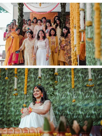 A collage showing the bride's grand entrance with her bridesmaids and a beautiful portrait from her Haldi ceremony.