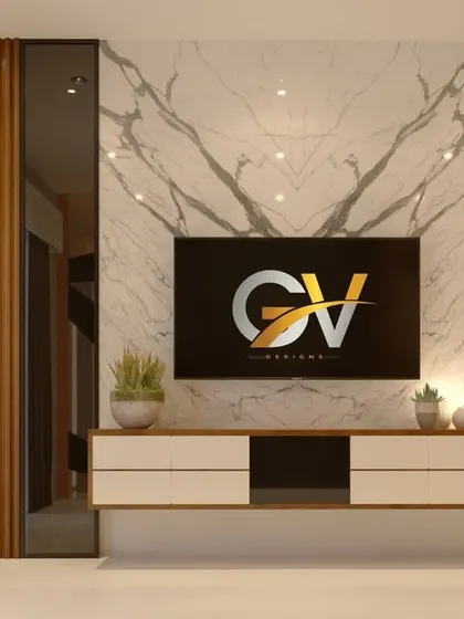This captivating TV unit features a white marble back panel with dramatic veining, framed by black tinted glass and PVC rafters. The floating cabinet design and sleek lines give this entertainment center the epitome of contemporary allure.