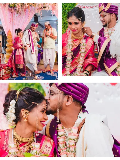 Key moments from a Maharashtrian wedding, including the tying of the Mangalsutra and a sweet kiss, documenting the most important parts of the ceremony.