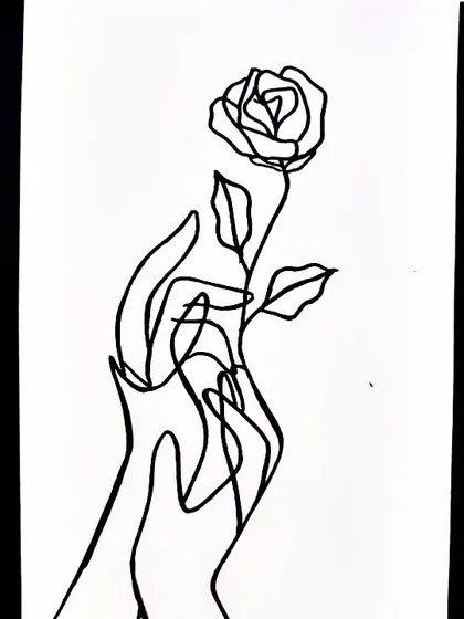 A single continuous line forms two hands gently holding a rose. This minimalist drawing symbolizes love, care, and delicate beauty, all with the power of one line.