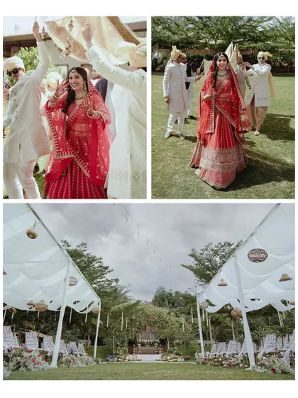A collage capturing the essence of a beautiful garden wedding, from the bride's grand entrance to the elegant tented seating.