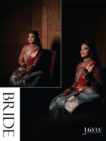 A beautiful, moody portrait of the bride in her reception saree, seated in a softly lit room. This style of bridal portraiture adds a touch of elegance and drama to the wedding album.