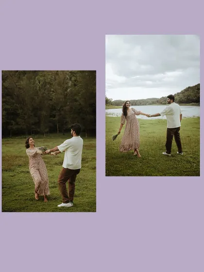 A diptych of a couple playfully spinning in a field by a lake, capturing their fun and loving energy.