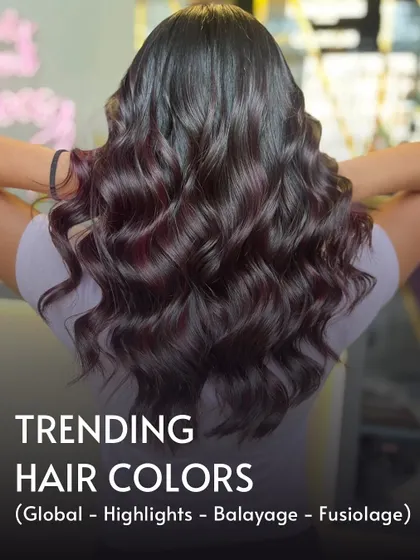An example of our trending hair colour services, including Global, Highlights, Balayage, and Fusiolage. This particular look showcases a rich, multi-tonal brunette style.