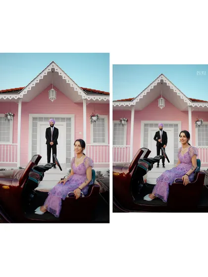 A stylish and fun shot featuring a vintage car in front of the pink house set. This kind of concept photography adds a playful and cinematic flair to a pre-wedding shoot.